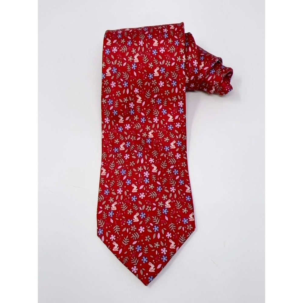 Salvatore Ferragamo 100% Silk Tie Bunny‎ Floral Novelty Print Made in Italy 57"